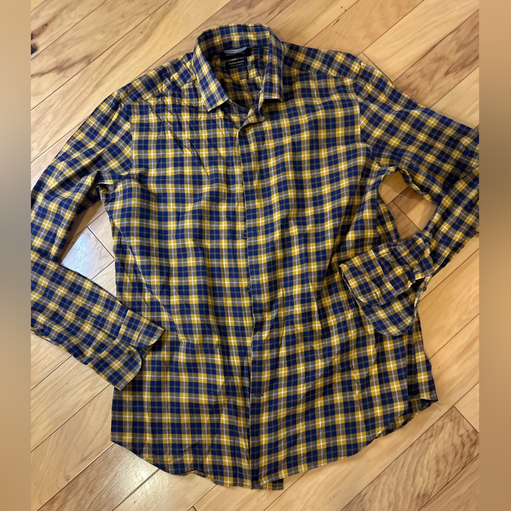 Massimo Dutti Men Large Italian Fabric Plaid Button Down Shirt Blue Yellow
